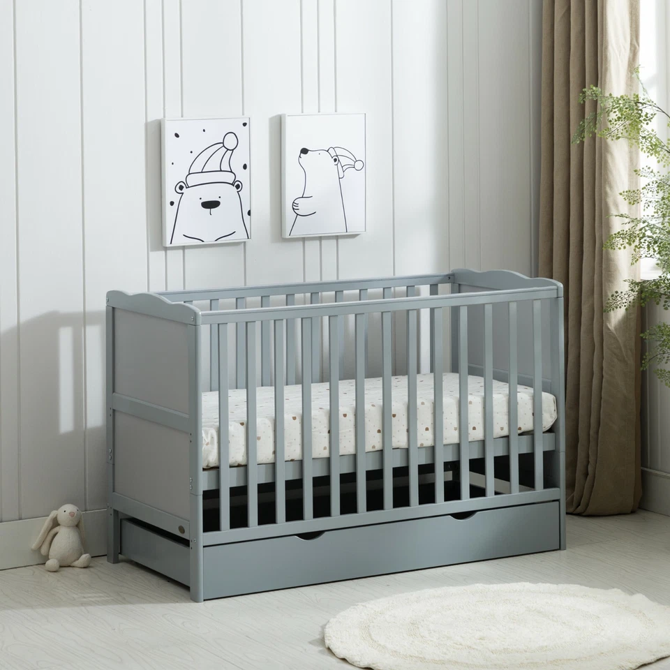 Grey Wooden Baby Cot Bed & Drawer & Aloe Vera Mattress (Orlando Drawer) - Image 2 of 4