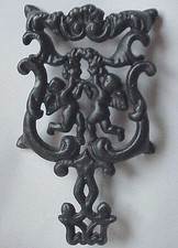 Vintage Cast Iron Kitchen Kettle Sad Flat Iron Trivet w Angels.