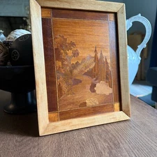 Vintage Wood Marquetry Landscape Art 10x8 Mountain Forrest scene Inlaid Rustic