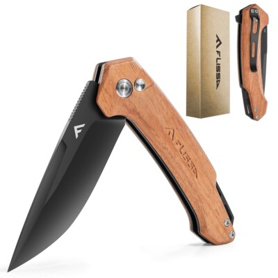 FLISSA 3.2  Folding Pocket Knife Wood Handle D2 Blade w/ Button Lock Pocket Clip