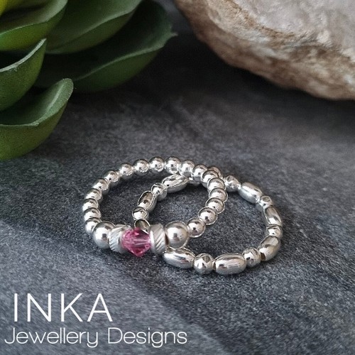 INKA 925 Sterling Silver stacking Stretch rings set of 2 Any Birthstone Bead - Picture 3 of 5