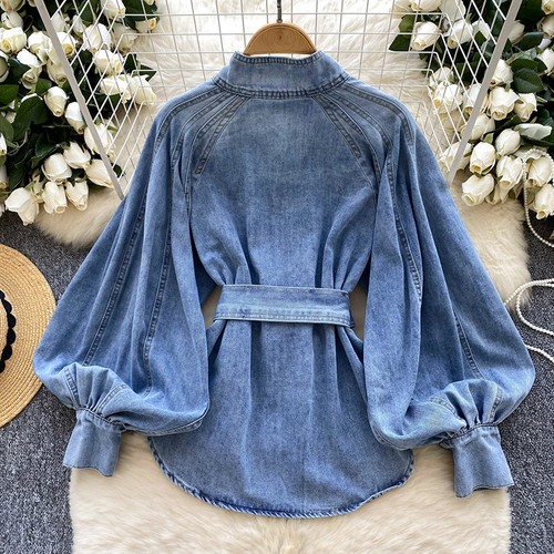 Fashion Womens Denim Puff Sleeve Tops Blouse Button Casual Belt Jeans Shirts - Picture 3 of 6