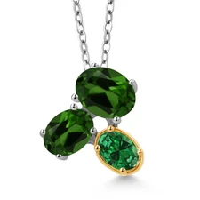 925 Silver and 10K Yellow Gold Green Chrome Diopside and Created Emerald