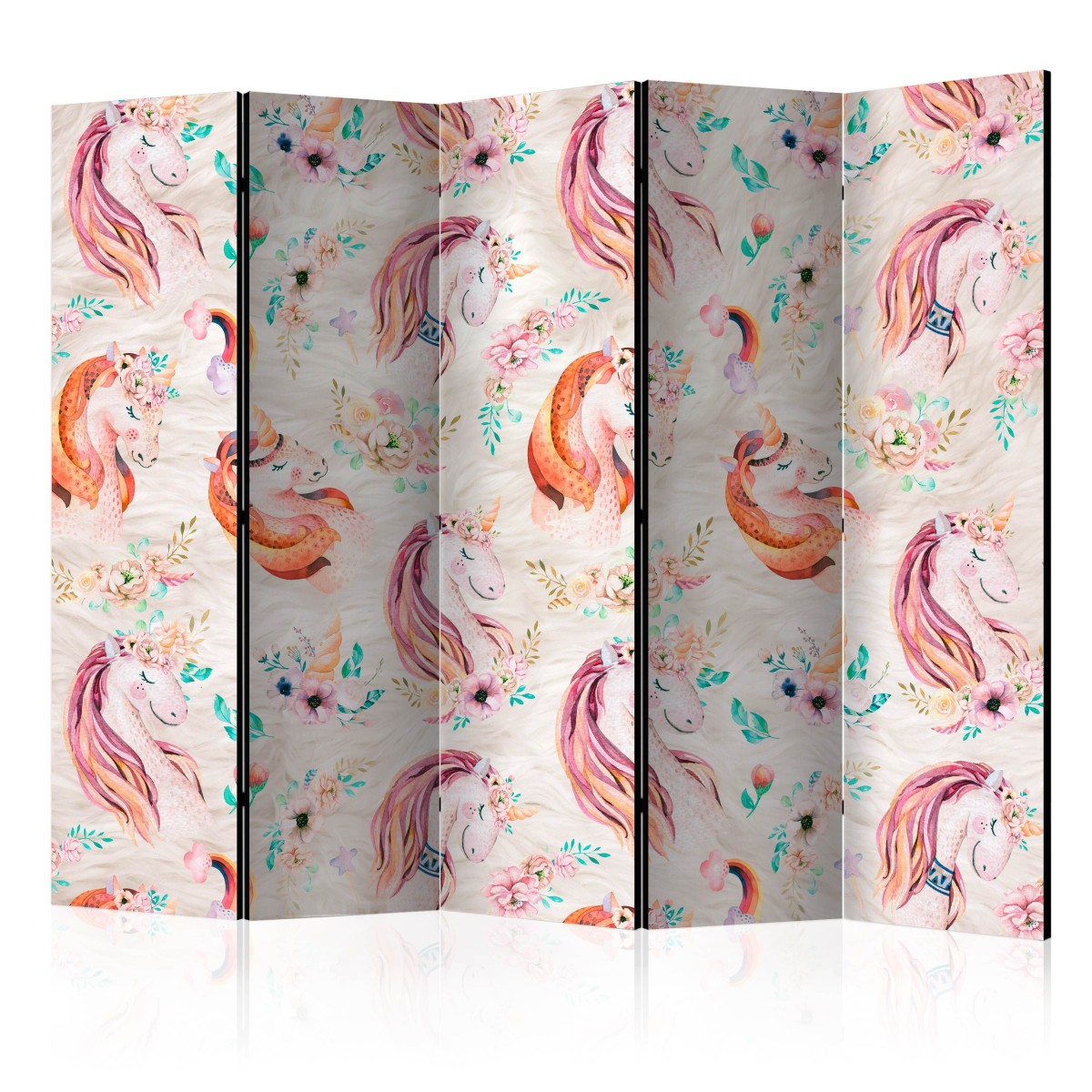 Paravent 5 volets grande taille motif licorne pastel pour cloison amovible