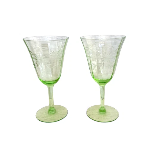 Set of 2 Uranium Glass Wine Goblets Etched Floral Green Vintage Stemware
