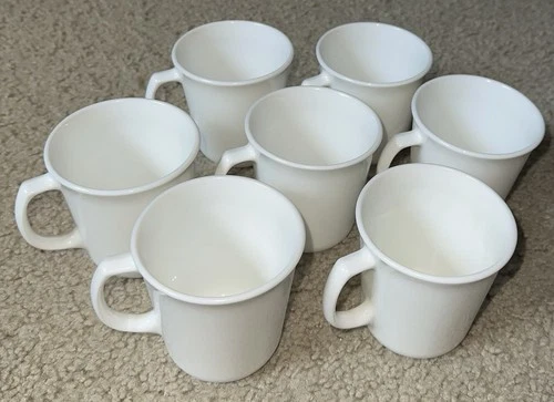 7 Vintage Corning "White" Fluted Coffee Cups Microwave Safe - MADE IN USA