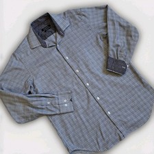Bugatchi Mens Shirt Large Gray Checker Long Sleeve Button Up Flip Cuff