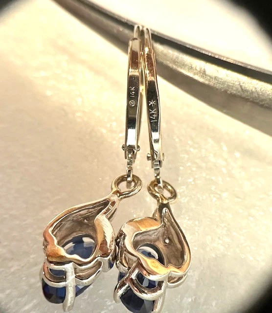 Estate 14K White Gold Sapphire Diamond Dangle Drop Earrings - Image 3 of 4