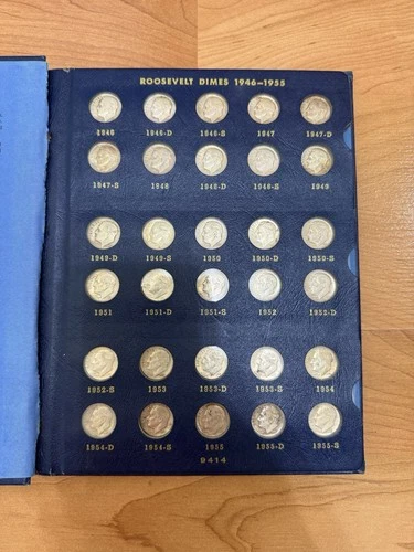 1946-1964, 48 Roosevelt 90% Silver Dime Set Plus 12 Clad Dimes in Whitman album