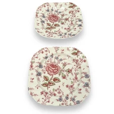 Johnson Bros England Salad Plates Lot of 2 Pink Red Rose Chintz Square New