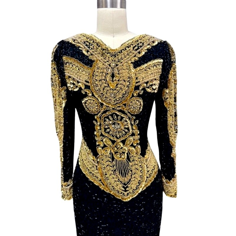 VTG 1980s Oleg Cassini Black Tie Heavily Beaded Dress Gold XS image 3
