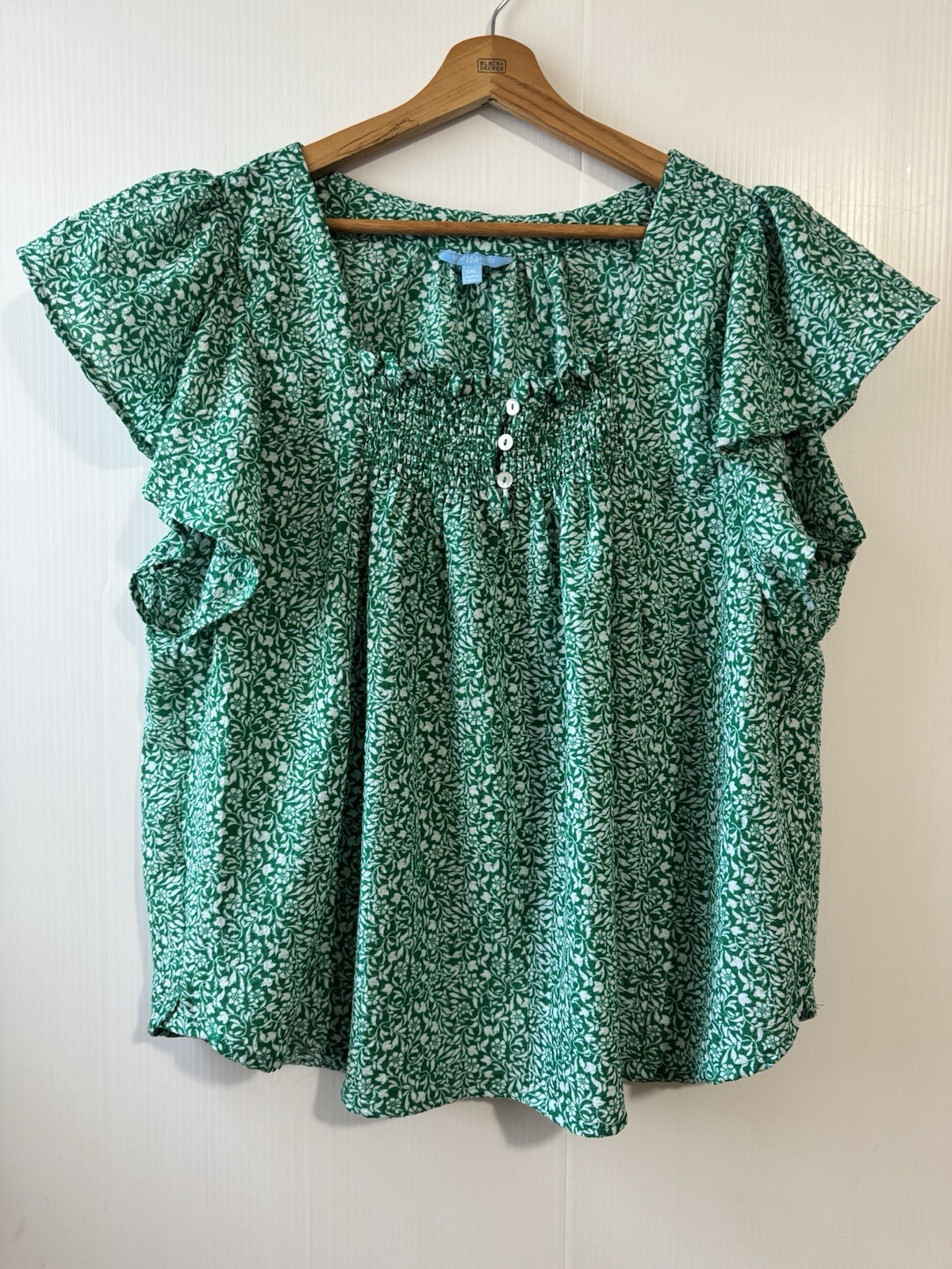 Draper James RSVP XXL Flutter Sleeve Floral Print Smocked Top Green Womens