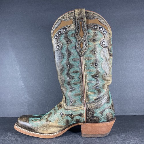 Justin Stampede Western Cowboy eckige Zehenpartie braun türkis Blumenmuster Damen - Größe 9,5 B - Bild 2 von 9