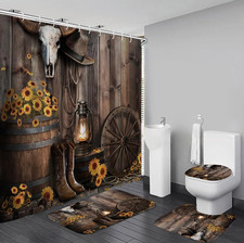 4Pcs Brown Cowboy Shower Curtain Rustic Theme Western Bathroom Set