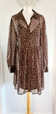 New Look Brown Black Chiffon Leopard Print Shirt Dress Sheer Puff Sleeve Size 18