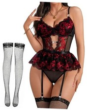 Women Lingerie Set Naughty Lace Bodysuit High Waisted 4X-Large Black  Red