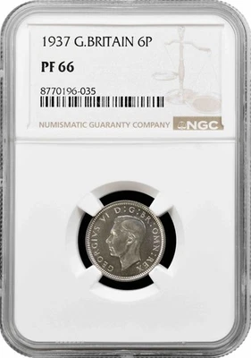 Großbritannien 6 Pence 1937, NGC PF66, "König George VI. (1937 - 1952)" - Bild 1 von 2