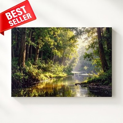 Wall Art Tranquil Golden Woodland Reflection Sunlit Greens Scene Some Canvas