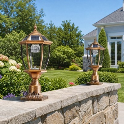 2 Pack 20'' Solar Lamp Post LED Light Outdoor Dusk to Dawn Pier Mount Base Gold