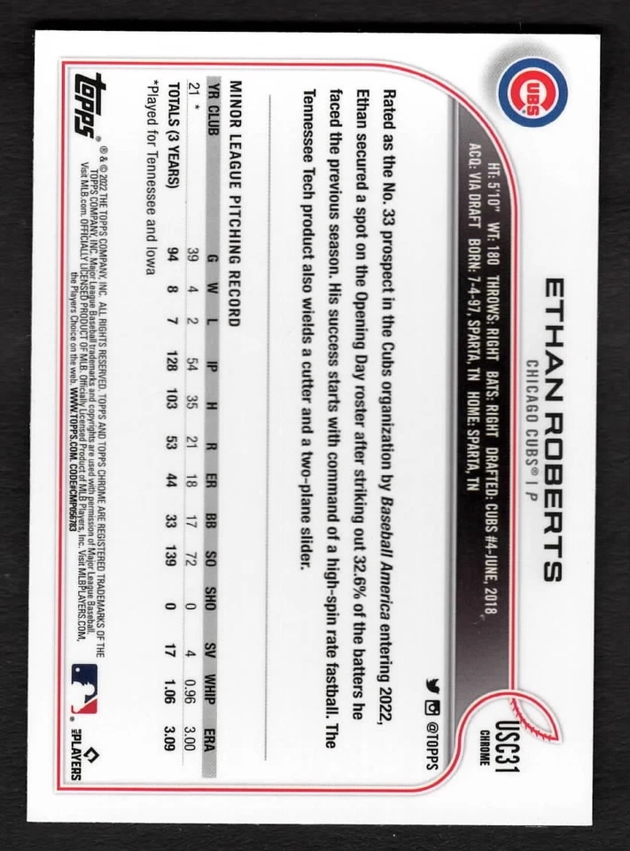 2022 Ethan Roberts Topps Chrome Baseball Rookie Debut RC Cubs USC31 - Image 2 of 2