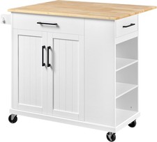 White, 2 Drawers, Open Shelves Detachable Towel, Portable Rubberwood Brea
