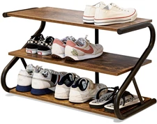 3-Tier Z-Frame Wooden Shoe Rack with Metal Shelves (Rustic)