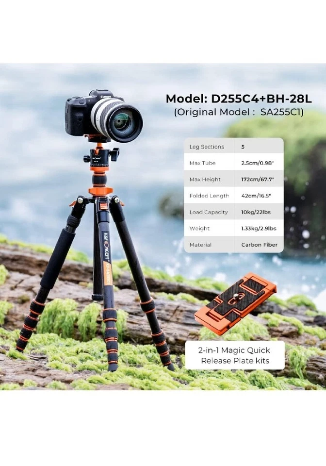 K&F Concept 68" Carbon Fiber Camera Tripod Quick Release Plate 10KG Load Compact - Image 2 of 4