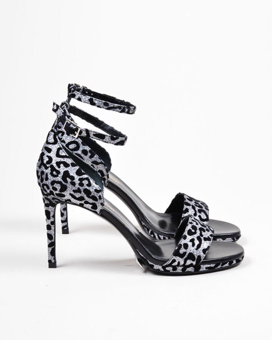Sandali leopardati SaiNT LAURENT neri e argento glitter nuovi con scatola taglia 38 1 2