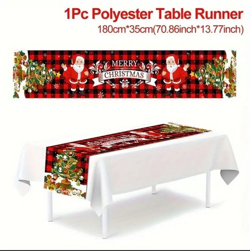 Christmas Table Runner - 1pc Polyester Buffalo Plaid with Santa Claus Design - Picture 7 of 7