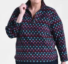 CJ Banks Size 2X Geometric Print Fleece Knit top, 1/4 zip, long sleeves NWT