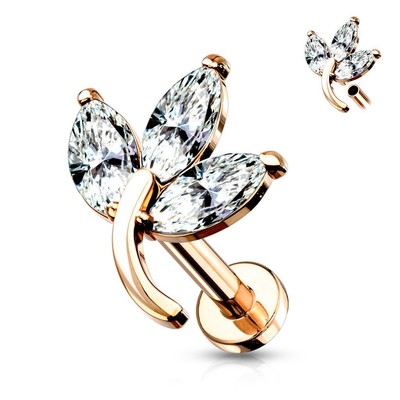 Piercing Labret Orecchio Placcato Oro Rosa Foglio Castoni Di Strass