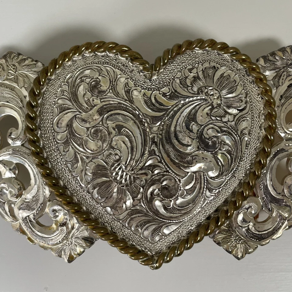 VTG Crumrine Belt Buckle 3 Heart Floral Silver Plate On Bronze Etched 4” - Image 2 of 4