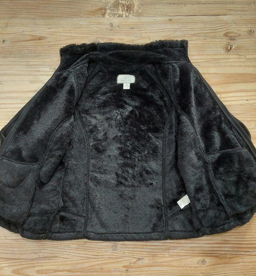 Зеленый чай куртка женщины средний черный искусственного меха плюшевая молния спереди длинным рукавом - Изображение 3 из 4