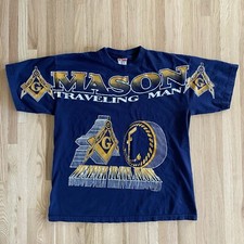 Vtg Freemason All Over Print Tshirt Navy XL Q-Tees USA Made Traveling Man AOP