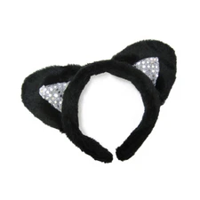 Black Plush Sequin Cat Ears Headband ~ CUTE KITTY PUSSYCAT COSTUME COSPLAY PARTY