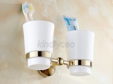 Gold Color Brass Wall Mounted Tooth Brush Holder With Dual Ceramic Cups Kba880