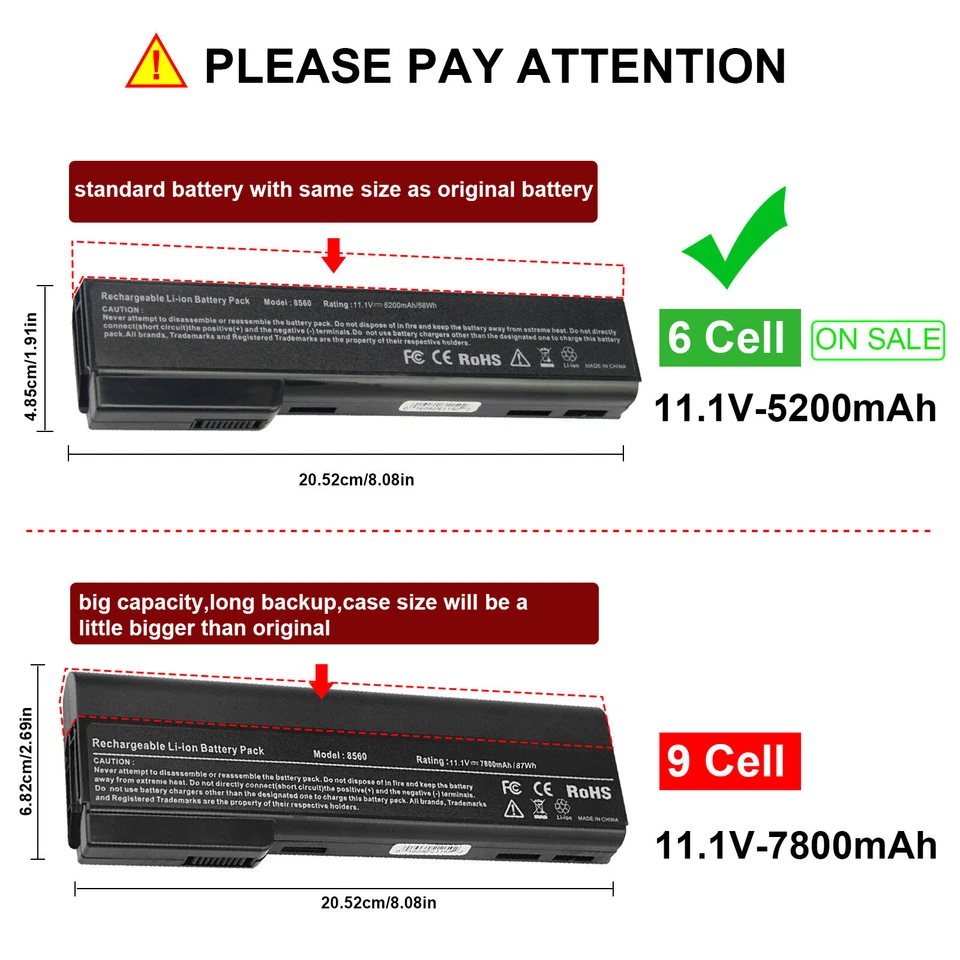 ✅Batería CC06 para HP EliteBook 8460p 8460w 8470p 8560p 8570p 6360b 628369-421 Foto 2 de 4
