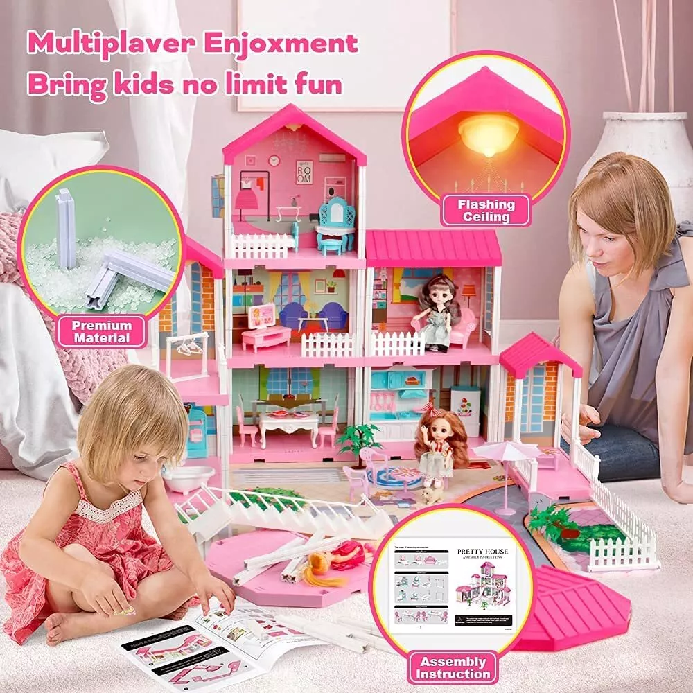 Doll House for 3 Year Old Girls,4-Story 13 Rooms Doll House,Fully Furnished  Dollhouses w/Lights,Play Mat and Upgraded Doll,Play House