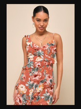 NWT Lulus Notable Poise Rust Floral Print Lace-Up Ruffled Maxi Dress Sz M $88.00