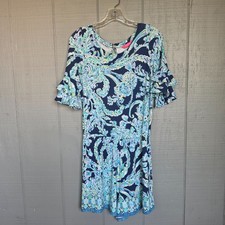 Lilly Pulitzer Blue Floral Romper Ruffle Sleeve Stretch Resort Tropical. Size M