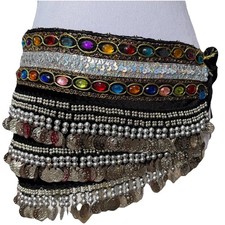 Women O/S Belly Dance Skirt Wrap Silver Coins Dance Costume Hip Hop Black Velvet
