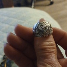 Silver Metal Dome Ring with Ornate Pattern, Fashion Style, Round Shape, No Stone