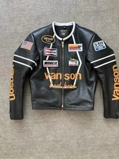 Vanson Leathers Racing Motorcycle Jacket with Patches Black Cowhide Biker Jacket
