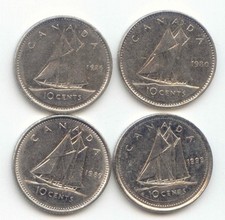Canada Dimes 1976 1980 1989 1999 Dime Canadian 10c Ship Exact Lot - 4 Coins