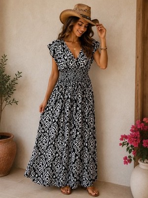 Boho Langes Kleid Ikat Print Schwarz-Weiß - Stretch Größe - Gr. U.