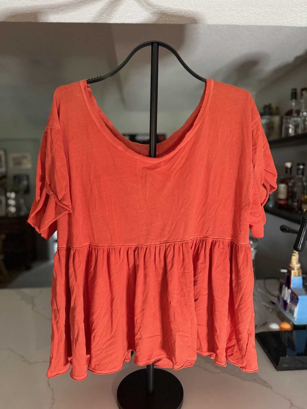 We The Free Orange Solid Knit Scoop Neck Babydoll Ruffle Sleeve Top M Women