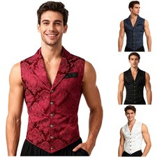 Men's Vintage Jacquard Tuxedo Vest Medieval Lapel V-Neck Button-Down Waistcoat