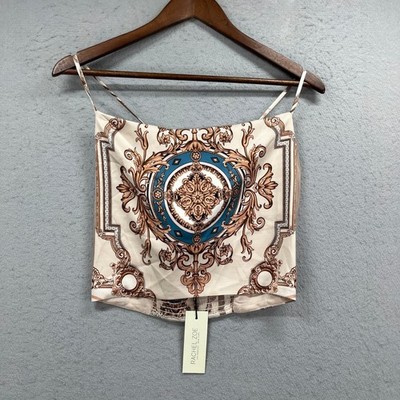 Rachel Zoe Cami Tank Top Womens S Cream Baroque Scarf Print Smocked Back Boho