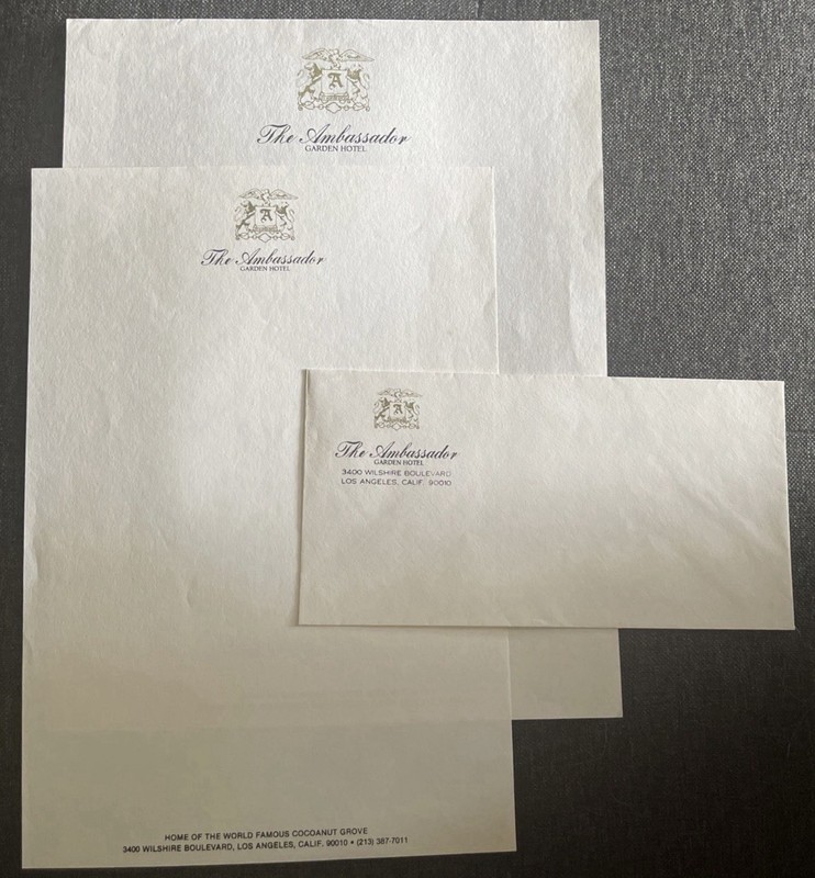 AMBASSADOR HOTEL vintage letterhead stationary x2 with Envelope x1.  VG. Unused