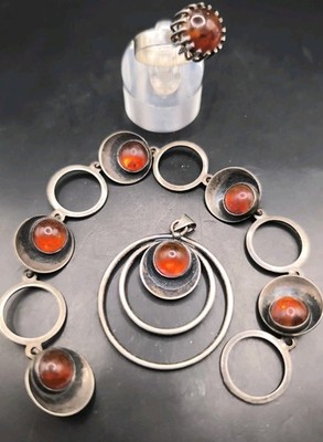 Vintage Designer Silber 925 Set Denmark NE From Anhänger Ring Armband Bernstein 